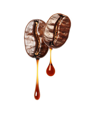 Drops of coffee dripping from coffee seeds on white background. Generative AI