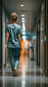 A female medical professional in teal scrubs walks down a long, blurred hospital corridor background.