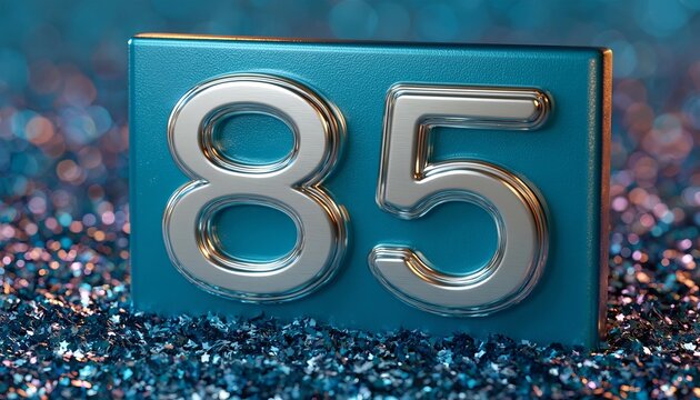 Shiny Silver Metallic Number 85 on a Textured Turquoise Background with Vibrant Sparkling Defocus
