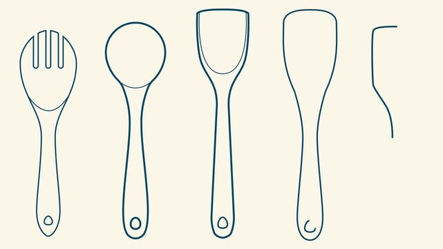 Minimal animation featuring different kitchen spatula silhouettes appearing one by one. Clean motion graphic for cooking, kitchen, culinary and food preparation projects.