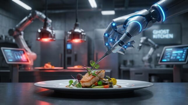Robotic arm plating food in futuristic commercial kitchen.