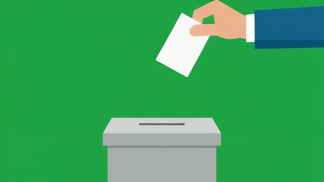Hand casting vote into ballot box during election process with green screen background