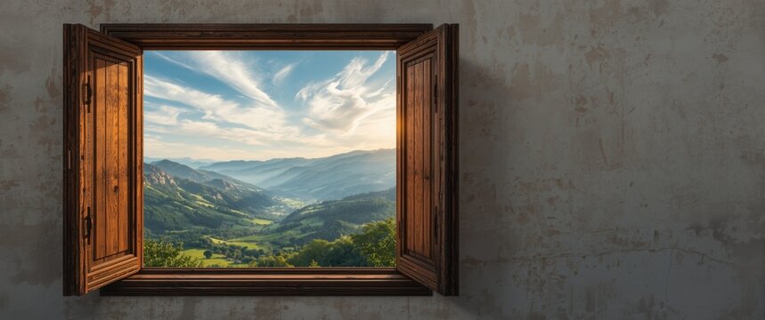 Wooden Window Framing Scenic Mountain Landscape Under Blue Sky with Clouds