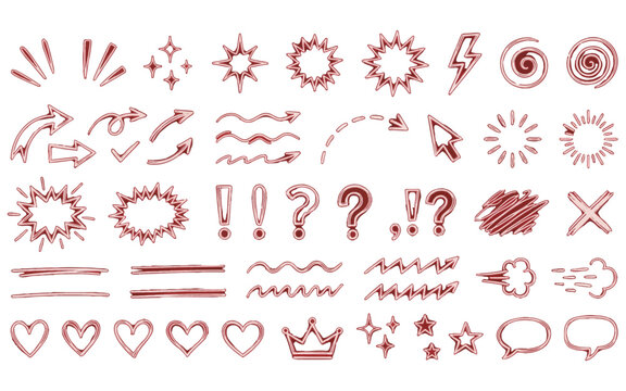 Neon red glowing vector comic doodle collection features arrows stars and speech bubbles for design.