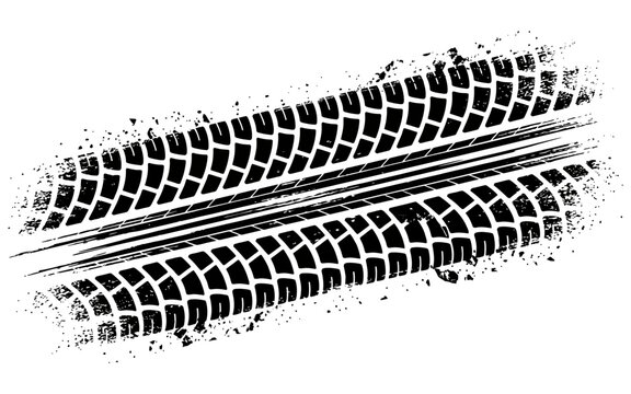 Grungy tire track print with black tread marks creates a dynamic automotive racing or off road effect.