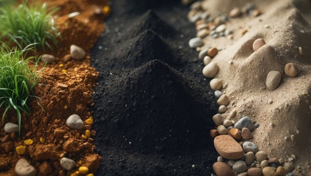 Colorful Soil Layers with Pebbles and Grass in a Natural Setting