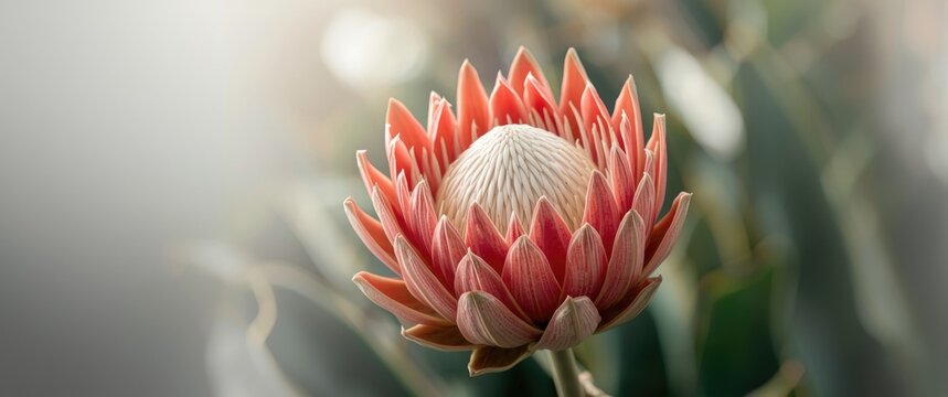 Closeup of a Pink Protea Bloom Surrounded by Green Foliage in Soft Light