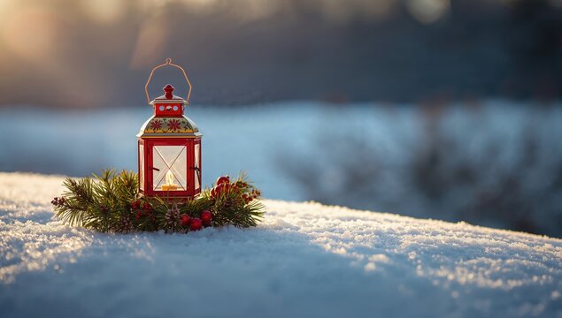 Red Lantern with Greenery on Snowy Ground at Sunset