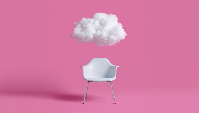 White Cloud Floating Above a Modern Chair on Pink Background