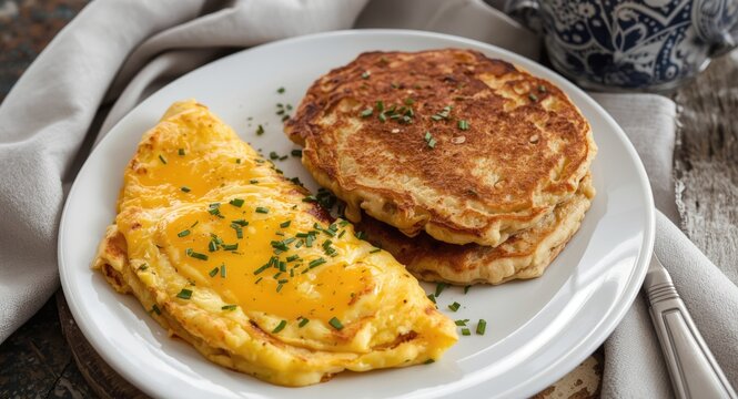 Omelette with Runny Yolk and Pancakes on a Plate with Herbal Garnish