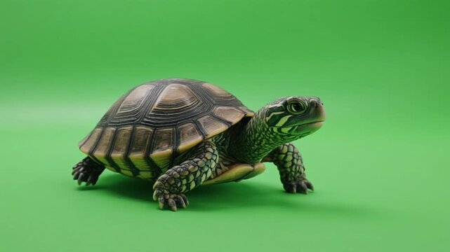 Small turtle walking slowly across a vibrant green background with gentle cinematic motion