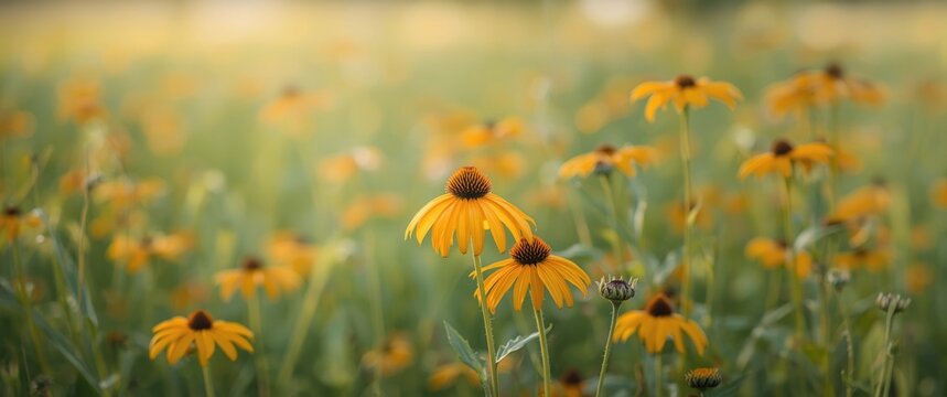 Yellow Wildflowers Blooming in Soft Focus Meadow During Summer