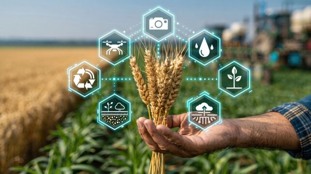 Farmer hand holding a bunch of golden wheat stalks with digital agriculture icons overlaid in a field
