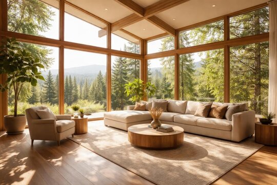 Modern Living Room with Large Windows Overlooking a Forest in Natural Light