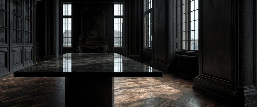 Elegant Dark Room with Marble Table and Natural Light from Windows