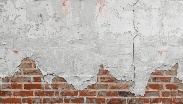 Peeling White Paint Exposing Red Brick Wall in Closeup Texture