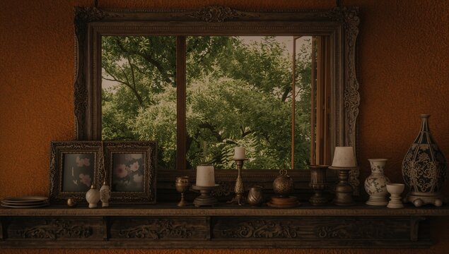 Vintage Mirror with Decorative Frames and Candles on a Wooden Shelf Against an Orange Wall