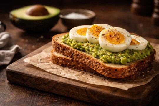 Avocado Toast Topped with Sliced Boiled Eggs on Wooden Board in Warm Lighting