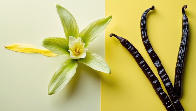 Orchid Flower and Vanilla Pods on a Yellow Background with Soft Lighting