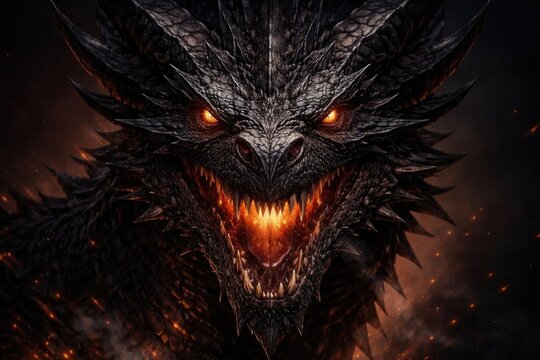 Fierce Black Dragon Breathing Fire in Dark Setting with Glowing Eyes
