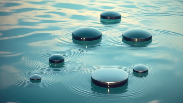 Floating Discs Creating Ripples on Calm Water Surface in Soft Light