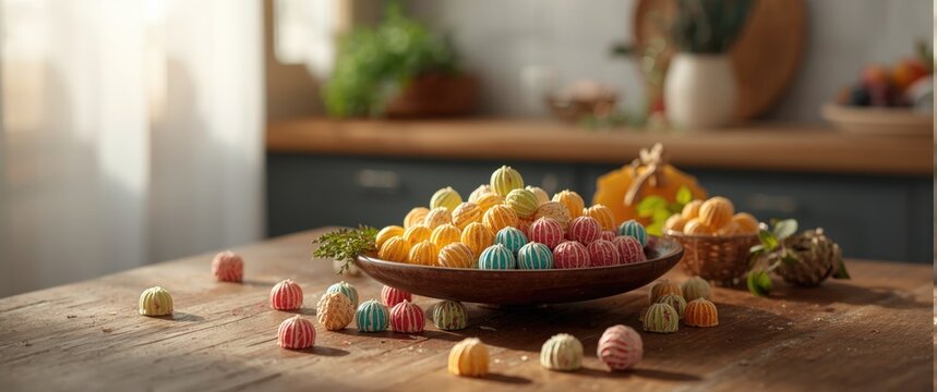 Colorful Macarons in a Wooden Bowl Surrounded by Fresh Ingredients on a Kitchen Table