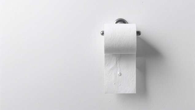 Roll of Toilet Paper Hanging on a Holder with Droplet on White Background