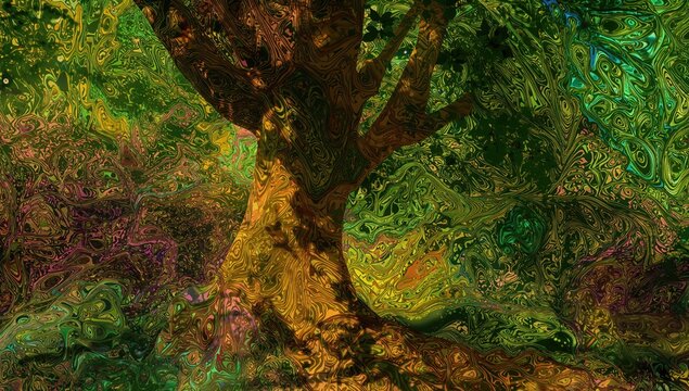 Colorful Abstract Forest Scene with a Tree and Swirling Patterns