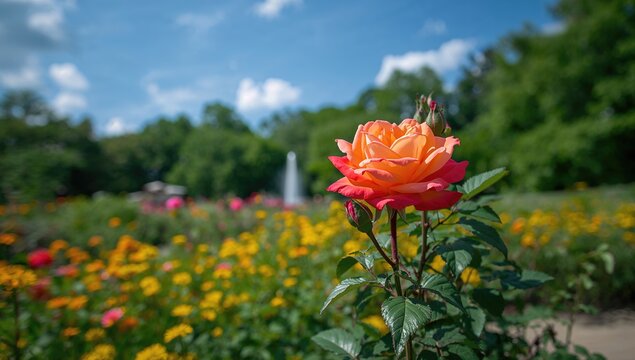 Single Orange Rose Blooming in a Colorful Garden with Blue Sky and Clouds