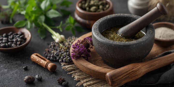Mortar and Pestle with Fresh Herbs and Spices on Dark Background