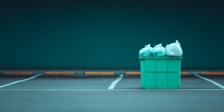 Green trash bin with white garbage bags