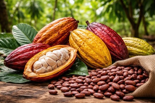 Cocoa Pods and Beans Displayed on a Rustic Surface with Green Background