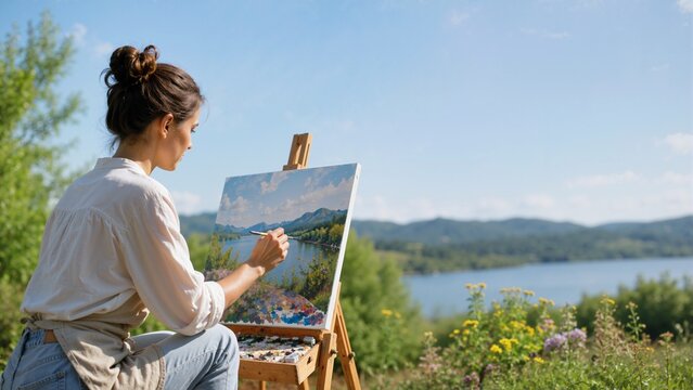 Female artist painting a landscape on a canvas outdoors. Woman using a brush and easel by a scenic lake and mountains. Plein air art hobby concept