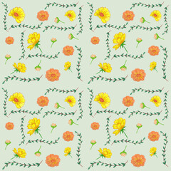 Fototapeta premium Hand Drawn Yellow and Orange Flowers with Green Vines Floral Pattern