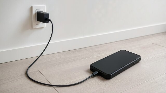 Black smartphone charging on a wooden floor near a wall outlet. Mobile device connected to a power adapter with a cable. Digital technology and energy supply concept