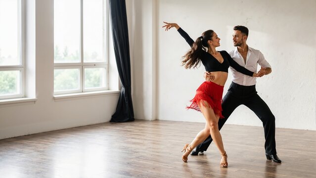 Salsa couple dancing in a bright dance studio. Man and woman practicing latin dance moves on a wooden floor. Ballroom dancing hobby and active lifestyle concept
