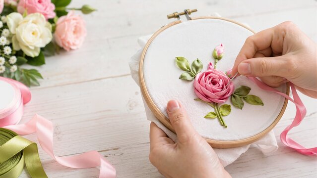 Hands making a pink rose with ribbon embroidery. Artisan sewing floral patterns in a wooden hoop. Handmade craft and creative hobby concept