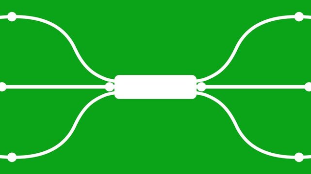 Black and white network connection diagram icon representing central hub connected to multiple branch nodes and data pathways vector graphic on solid black background.