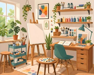 Fototapeta premium Cozy artist art studio interior with blank canvas easel, paint supplies, and green plants vector illustration
