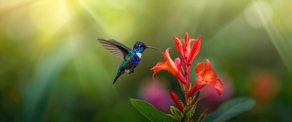 Naklejka premium Hummingbird Feeding on Bright Orange Flowers in a Lush Garden with Soft Light