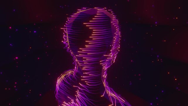 Seamless loop of abstract human bust formed by glowing horizontal scan lines. Digital futuristic artificial intelligence model made of light streams and neural network particle science background.