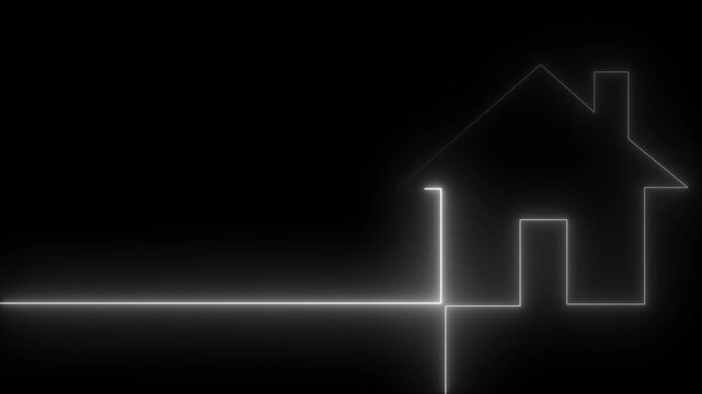 Glowing white neon house icon with continuous line art depicting smart home automation real estate technology and architecture concept isolated on black background.