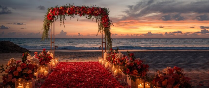 Beach Wedding Arch Decorated with Flowers at Sunset Over the Ocean