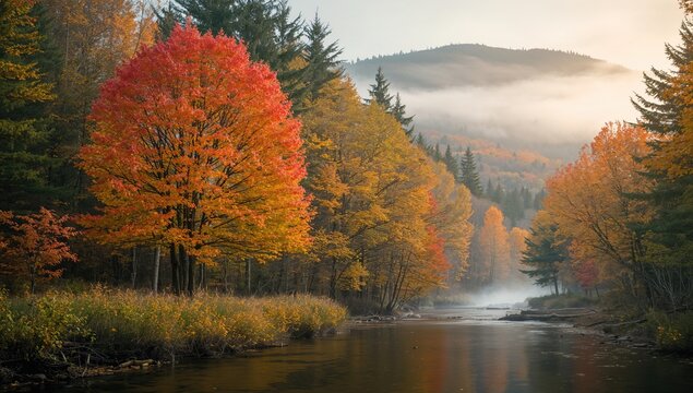 Vibrant Autumn Forest Reflections by a Serene River with Misty Mountains
