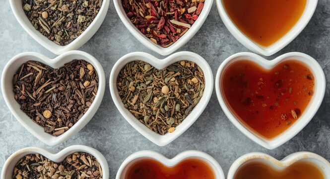 Herb and Spice Assortment in Heart Shaped Bowls on Gray Surface