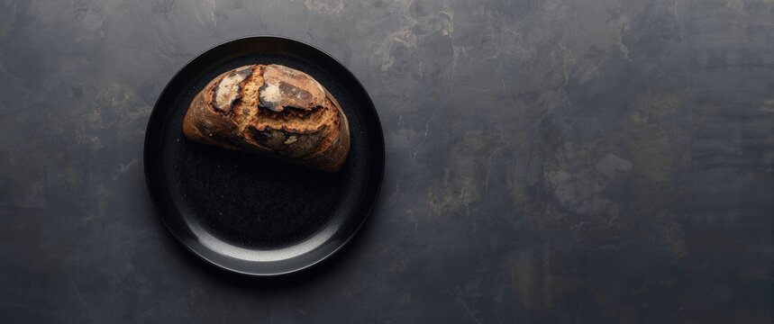 Artisan Bread Loaf on a Black Plate with Dark Textured Background