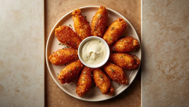 Crispy Fried Snack Platter with Dipping Sauce on a Beige Background