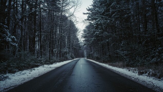 Snowy Road Surrounded by Dark Forest in Winter Atmosphere