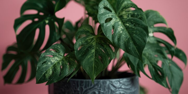 Monstera Plant in Decorative Pot Against a Pink Background