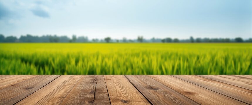 Wooden Tabletop with Blurred Green Rice Field Background under Soft Sky